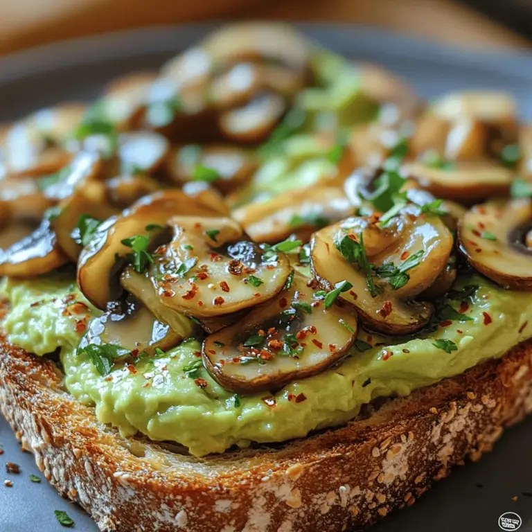 Creamy Mushroom Smashed Avocado Toast is not just a feast for the eyes; it’s a nutrient-packed meal that offers an array of health benefits. Avocados are renowned for their healthy fats, which are essential for heart health, while mushrooms provide a rich source of vitamins and minerals. Together, these ingredients create a toast that is not only delicious but also supports a balanced diet. The addition of olive oil and garlic enhances the flavors, making each bite a savory experience.
