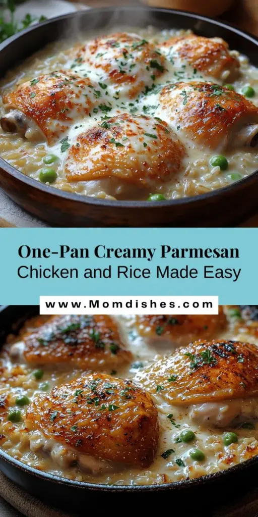 Discover the comfort of a delicious One-Pan Creamy Parmesan Chicken and Rice dish that's perfect for busy weeknights or family gatherings. This recipe combines juicy chicken thighs and creamy rice enriched with Parmesan flavor, all cooked in one pan for minimal cleanup. Packed with aromatic onions and garlic, and enhanced with optional peas, this meal is both satisfying and easy to make. Enjoy the deep flavors and creamy texture in just one pot, making dinner a breeze!