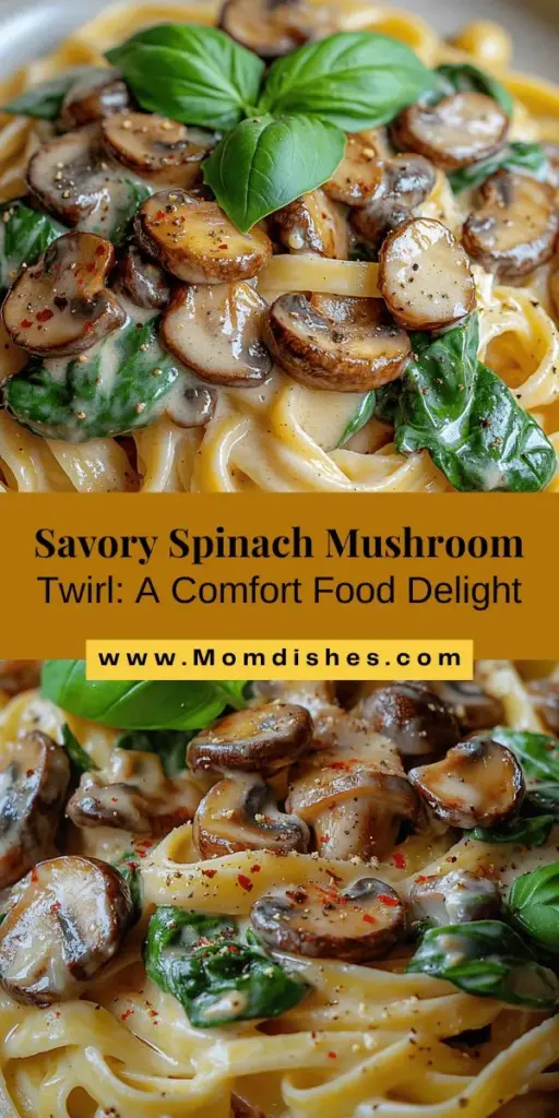 Indulge in the delightful flavors of a Savory Spinach Mushroom Twirl, a comforting and versatile dish perfect for any occasion. Made with earthy sautéed mushrooms, vibrant spinach, and creamy sauce, this pasta dish offers a perfect blend of textures and tastes. Ideal for weeknight dinners, gatherings, or lunches, it's packed with nutrients and can cater to various dietary needs. Enjoy a delicious meal while savoring fresh ingredients and wholesome goodness.