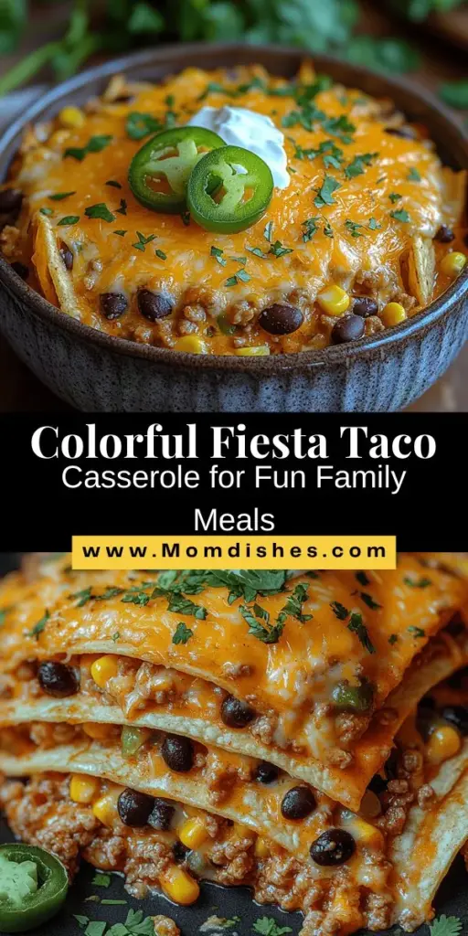 Discover the vibrant flavors of Fiesta Taco Casserole, a delicious dish that combines classic taco tastes in a layered, family-friendly meal. Packed with seasoned ground meat, black beans, corn, and topped with crispy tortilla chips and melted cheese, this casserole is perfect for busy weeknights or gatherings. Easy to customize for dietary preferences, it's not only satisfying but also nutritious. Gather your loved ones and enjoy a festive feast that everyone will adore!