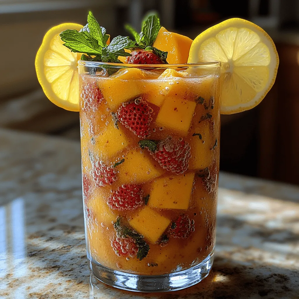As the sun blazes overhead and the temperatures rise, there's nothing quite as refreshing as a frozen beverage to cool you down. From slushies to smoothies, the world of chilled drinks offers a myriad of options that can tantalize your taste buds and provide a moment of respite during the hot summer months. Among these delightful choices, the <strong>Tropical Bliss Frozen Mango Strawberry Lemonade</strong> stands out as a vibrant and invigorating drink that perfectly embodies the spirit of summer.” /></p>
</p>
<h3>Step-by-Step Guide to Making Tropical Bliss Frozen Mango Strawberry Lemonade</h3>
</p>
<h4>Preparing the Fruit</h4>
</p>
<p>To create your Tropical Bliss Frozen Mango Strawberry Lemonade, start with selecting the freshest mangoes and strawberries. Look for ripe mangoes that yield slightly to pressure and have a sweet aroma. For strawberries, choose bright red berries with fresh green tops.</p>
</p>
<p>1. <strong>Peeling and Dicing Mangoes</strong>: Begin by cutting the mangoes. Hold the mango upright and slice down each side of the pit, creating two large halves. Use a knife to score the flesh in a crosshatch pattern without cutting through the skin. Then, scoop the diced mango flesh out with a spoon and chop it into smaller pieces. Aim for about 2 cups of diced mango.</p>
</p>
<p>2. <strong>Hulling and Slicing Strawberries</strong>: For strawberries, rinse them under cold water and gently pat them dry. Using a sharp knife, remove the green tops (hulling) and slice the strawberries in half or quarters, depending on their size. You’ll need approximately 1 cup of sliced strawberries for this recipe.</p>
</p>
<h4>Blending Ingredients</h4>
</p>
<p>Once your fruits are prepared, it’s time to blend them into a refreshing puree. Here’s how to achieve a smooth texture:</p>
</p>
<p>1. <strong>Adding Ingredients to the Blender</strong>: In your blender, combine the prepared mango and strawberries with the juice of 2 lemons and 1-2 tablespoons of sweetener (honey or agave syrup). If you prefer a sugar-free option, you can use stevia or a similar alternative.</p>
</p>
<p>2. <strong>Blending Techniques</strong>: Start blending on low speed to combine the ingredients, then gradually increase to high speed. Blend until the mixture is completely smooth and there are no fruit chunks remaining. This process should take about 30-60 seconds. If you find the mixture is too thick, add a splash of water or more lemon juice to help it blend.</p>
</p>
<h4>Adjusting Sweetness</h4>
</p>
<p>Taste your mixture before adding ice. The sweetness of fruits can vary, so it’s essential to check if your lemonade needs more sweetener. If the flavor is too tart, add more honey or sweetener of your choice, blending again to incorporate. This step is crucial for achieving the perfect balance between tanginess and sweetness.</p>
</p>
<h4>Adding Ice</h4>
</p>
<p>To turn your fruity mixture into a frozen delight, it’s time to add ice. Here’s how to control thickness and consistency:</p>
</p>
<p>1. <strong>Incorporating Ice</strong>: Add 2-3 cups of ice to the blender. Blend on high speed until the ice is crushed and fully integrated into the mixture. The amount of ice will determine the thickness of your lemonade; for a thicker consistency, add more ice. If it becomes too thick, you can add a little more fruit juice or water to achieve your desired texture.</p>
</p>
<h4>Chilling the Mixture</h4>
</p>
<p>Chilling your mixture before serving enhances the flavors. If time allows, transfer the blended lemonade to an airtight container and place it in the freezer for about 30 minutes. This extra chill helps the flavors meld together beautifully, resulting in a more refreshing drink.</p>
</p>
<h3>Serving Suggestions for Tropical Bliss Frozen Mango Strawberry Lemonade</h3>
</p>
<p>Presentation matters when serving your Tropical Bliss Frozen Mango Strawberry Lemonade. Here are some creative ideas to elevate your beverage:</p>
</p>
<p>1. <strong>Garnishing Ideas</strong>: For a visually stunning presentation, garnish each glass with a lemon slice on the rim and a sprig of fresh mint. This adds a pop of color and a hint of aroma that enhances the drinking experience.</p>
</p>
<p>2. <strong>Creative Ways to Present</strong>: Consider serving your drink in mason jars or tall glasses with colorful straws for a fun, tropical vibe. You could also rim the glasses with sugar or salt for an extra touch of flair. Adding a few whole strawberries or mango chunks inside the glass can also make for an appealing visual.</p>
</p>
<p>3. <strong>Pairing Suggestions</strong>: Tropical Bliss Frozen Mango Strawberry Lemonade pairs wonderfully with light snacks like shrimp tacos, grilled chicken salad, or a fruit platter. It also complements summer barbecues and picnics perfectly. The refreshing qualities of the lemonade make it an ideal companion for spicy dishes or rich desserts.</p>
</p>
<h3>Health Considerations and Dietary Adjustments</h3>
</p>
<p>When creating your Tropical Bliss Frozen Mango Strawberry Lemonade, consider the following health aspects and dietary adjustments:</p>
</p>
<p>1. <strong>Vegan and Gluten-Free Options</strong>: This recipe is naturally vegan and gluten-free. If you prefer a sweeter option, substitute honey with agave nectar or maple syrup to keep it plant-based.</p>
</p>
<p>2. <strong>Caloric Content and Portion Control</strong>: Each serving of this lemonade is relatively low in calories, making it a guilt-free treat. For those watching their caloric intake, you can control portion sizes. A standard serving of this frozen drink is about 1 cup, but feel free to enjoy a smaller or larger serving based on your dietary needs.</p>
</p>
<p>3. <strong>Customizing the Recipe</strong>: One of the fantastic aspects of this recipe is its versatility. Feel free to experiment with other fruits such as pineapples, peaches, or blueberries. You can also add a splash of coconut water or a few tablespoons of chia seeds for added nutrition.</p>
</p>
<h3>Conclusion</h3>
</p>
<p>The Tropical Bliss Frozen Mango Strawberry Lemonade is a refreshing beverage that perfectly captures the essence of summer. Its vibrant colors and natural sweetness make it a favorite among both kids and adults. Not only does this drink provide a delightful way to enjoy fresh fruits, but it also offers health benefits thanks to its vitamin-packed ingredients.</p>
</p>
<p>Encourage family and friends to indulge in this homemade drink as part of a balanced diet, especially during warm months. The joy of creating refreshing beverages from scratch enhances gatherings and brings loved ones together. Embrace the simplicity of using fresh ingredients, and let your Tropical Bliss Frozen Mango Strawberry Lemonade be a testament to the pleasures of homemade drinks. Enjoy!</p>
</div>