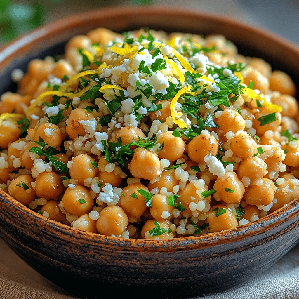 In today's fast-paced world, the demand for quick, healthy meals has never been more critical. As we strive to maintain a balanced diet amidst our busy schedules, the need for recipes that are not only nutritious but also easy to prepare becomes paramount. Enter <strong>Zesty Lemon Garlic Couscous with Chickpeas</strong>, a dish that perfectly embodies these qualities. This vibrant recipe is a delightful combination of fluffy couscous, hearty chickpeas, and a refreshing lemon-garlic dressing that tantalizes the taste buds while providing a wealth of nutrients.” /></p>
</p>
<h3>Cooking the Couscous: Tips for Achieving the Perfect Texture</h3>
</p>
<p>Cooking couscous may seem straightforward, but achieving the perfect fluffy texture can make all the difference in your dish. Start by measuring the couscous accurately; typically, a cup of dry couscous will yield about three cups cooked. To cook it, bring water or vegetable broth to a boil in a saucepan, using a ratio of 1:1.5 (for every cup of couscous, use one and a half cups of liquid). Once boiling, remove the pan from heat and stir in the couscous, covering the pot immediately. Let it sit for about five minutes, allowing the grains to absorb the liquid fully.</p>
</p>
<p>To ensure the couscous remains light and fluffy, use a fork to fluff it gently after it has absorbed the liquid. Avoid using a spoon, which can cause the grains to clump together. If you want to add a little extra flavor, consider adding a splash of olive oil or a pat of butter to the cooking liquid. This not only enhances the taste but also helps prevent sticking.</p>
</p>
<h3>Sautéing Garlic and Chickpeas: Techniques for Enhancing Flavor</h3>
</p>
<p>While the couscous is resting, it’s time to sauté the garlic and chickpeas, which will infuse your dish with rich flavor. Begin by heating a tablespoon of olive oil in a skillet over medium heat. Once the oil is hot, add minced garlic, sautéing for about 30 seconds until fragrant. Be cautious not to burn the garlic, as it can turn bitter quickly.</p>
</p>
<p>Next, add the canned chickpeas (drained and rinsed) to the skillet. Sauté them for about five to seven minutes, allowing them to crisp up slightly. This step adds texture and depth to the dish. Season the chickpeas with a pinch of salt, black pepper, and a sprinkle of smoked paprika or cumin for an extra layer of flavor. The combination of garlic and chickpeas not only enhances the taste of the couscous but also adds protein and fiber, making your meal more satisfying.</p>
</p>
<h3>Combining the Ingredients: Achieving a Balanced Dish</h3>
</p>
<p>Once the couscous has been fluffed, and the chickpeas are perfectly sautéed, it’s time to combine all the elements. In a large mixing bowl, combine the couscous with the sautéed chickpeas and garlic. Add the juice of one or two fresh lemons, depending on your taste preference. The acidity from the lemon juice will brighten the dish, balancing the nuttiness of the couscous and the savory chickpeas.</p>
</p>
<p>Next, fold in finely chopped fresh herbs such as parsley or cilantro, which complement the zesty flavor profile beautifully. Consider adding a handful of baby spinach for a pop of color and additional nutrients. Toss everything gently to ensure an even distribution of flavors while maintaining the integrity of the couscous grains.</p>
</p>
<h3>Serving Suggestions: Presentation Tips for an Appealing Dish</h3>
</p>
<p>Presentation is key when serving your zesty lemon garlic couscous with chickpeas. For an appealing dish, serve the couscous in a shallow bowl or on a large platter. Drizzle a bit of olive oil on top for a glossy finish and sprinkle with lemon zest to enhance the citrus aroma. Garnish with additional fresh herbs for a vibrant look.</p>
</p>
<p>Consider pairing this dish with a simple side salad featuring mixed greens, cherry tomatoes, and a light vinaigrette. The crisp freshness of the salad contrasts nicely with the warm, hearty couscous. For a complete meal, serve alongside grilled vegetables or a protein such as baked salmon or chicken, making it a versatile option for any occasion.</p>
</p>
<h3>Flavor Profile and Variations</h3>
</p>
<p>The flavor profile of zesty lemon garlic couscous with chickpeas is bright and refreshing, with layers of complexity from the sautéed garlic and the nuttiness of the chickpeas. The lemon juice adds a tartness that cuts through the richness of the olive oil, while fresh herbs provide a fragrant finish.</p>
</p>
<p>To modify the recipe, consider adding seasonal vegetables such as roasted bell peppers, zucchini, or asparagus, which can enhance both flavor and texture. For a more substantial meal, you might incorporate proteins like grilled chicken, shrimp, or even crumbled feta cheese for a Mediterranean twist. Additionally, spices like cayenne pepper or harissa can introduce a delightful heat, while nuts like toasted almonds or pine nuts add a satisfying crunch.</p>
</p>
<p>Seasonal variations can also be explored. In spring, consider adding fresh peas or asparagus, while summer is ripe for incorporating tomatoes and cucumbers. In fall, roasted butternut squash or sweet potatoes can lend a comforting sweetness, making this dish adaptable all year round.</p>
</p>
<h3>Nutritional Information</h3>
</p>
<p>This zesty lemon garlic couscous with chickpeas is not only delicious but also packed with nutrients. Each serving contains approximately 300 calories, with about 10 grams of protein, 5 grams of fat, and 45 grams of carbohydrates. The high fiber content from the chickpeas and couscous makes it a filling meal, perfect for maintaining energy levels throughout the day.</p>
</p>
<p>For those with specific dietary needs, this dish is vegan and can easily be made gluten-free by using gluten-free couscous. The combination of chickpeas and couscous provides a good balance of macronutrients, making it a wholesome option for anyone looking to maintain a healthy diet. The inclusion of fresh vegetables and herbs also boosts the meal’s vitamins and minerals, contributing to overall well-being.</p>
</p>
<h3>Culinary Tips for Success</h3>
</p>
<p>While making couscous is relatively simple, there are common mistakes to avoid. One frequent issue is overcooking the couscous, which can lead to a mushy texture. Always follow the recommended water-to-couscous ratio and allow it to steam rather than boiling it for too long. Additionally, under-seasoning can make your dish bland, so don’t shy away from salt, pepper, and fresh herbs.</p>
</p>
<p>If you’re meal prepping, couscous holds up well in the refrigerator for three to five days. Store it in an airtight container to keep it fresh. When reheating, add a splash of water to prevent it from drying out. This dish also works great as a cold salad, making it perfect for lunchboxes or picnics.</p>
</p>
<p>To enhance your meal, consider pairing it with a crisp white wine like Sauvignon Blanc or a refreshing iced tea. The acidity in the wine will complement the lemony flavors, while the tea can offer a soothing contrast.</p>
</p>
<h3>Conclusion</h3>
</p>
<p>Zesty lemon garlic couscous with chickpeas is a delightful and versatile dish that brings together vibrant flavors and nutritious ingredients. Its bright taste and satisfying texture make it an ideal option for a quick weeknight dinner or a vibrant side for a gathering. With easy-to-follow instructions and numerous variations, this recipe invites you to explore your creativity in the kitchen.</p>
</p>
<p>Whether you’re preparing it for yourself or sharing it with loved ones, the joy of cooking and enjoying meals together is what truly enriches our lives. We encourage you to try this recipe and savor the delightful combination of flavors while nourishing your body with wholesome ingredients.</p>
</div>