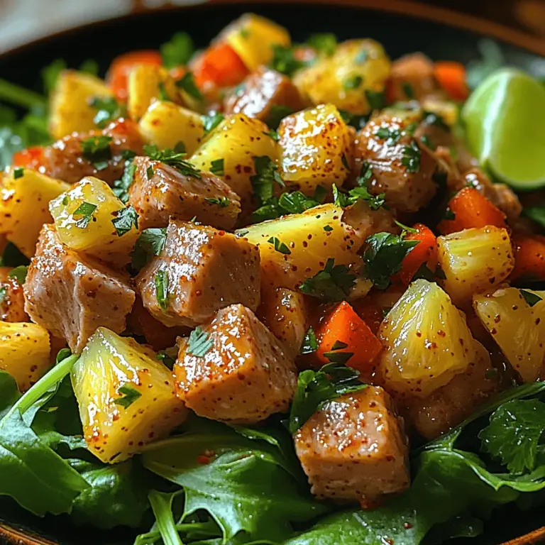 Experience a burst of sunshine on your plate with the Tropical Tuna Delight, a vibrant salad that combines the goodness of protein-rich tuna with the tropical sweetness of pineapple and the crunch of fresh vegetables. This dish is more than just a meal; it's a symphony of flavors and textures that transports you to a sun-drenched beach with every bite. Whether you're looking for a nutritious option for a light lunch, a refreshing dish for a summer picnic, or a quick dinner solution that doesn't compromise on taste, Tropical Tuna Delight is the perfect choice.
