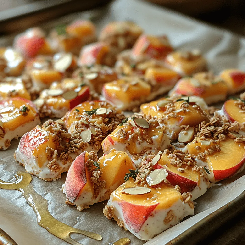 As the temperatures rise and the sun shines brighter, the craving for something cool and refreshing becomes almost irresistible. In the world of desserts, few options are as satisfying as a homemade frozen treat on a warm day. One such delightful creation is <strong>Peachy Delight Frozen Yogurt Bark</strong>. This simple yet delicious snack offers the perfect combination of creamy yogurt and sweet, juicy peaches, making it an ideal summer treat or a guilt-free indulgence at any time of the year.” /></p>
</p>
<h3>Adding Granola and Nuts: Enhancing Crunch and Flavor</h3>
</p>
<p>To elevate your Peachy Delight Frozen Yogurt Bark, consider incorporating granola and nuts. This addition not only enhances the texture but also introduces new flavors that complement the creaminess of the yogurt and the sweetness of the peaches.</p>
</p>
<p><strong>Granola</strong> serves as a delightful crunchy element, providing a contrast to the smooth yogurt. Choose a granola that suits your taste—opt for one that’s sweetened lightly to avoid overpowering the natural flavors of the yogurt and fruit. For added texture, look for granola that includes nuts or seeds.</p>
</p>
<p><strong>Nuts</strong> are another excellent choice for your yogurt bark. Chopped almonds, walnuts, or pecans can provide a satisfying crunch while infusing the bark with healthy fats and protein. Just make sure to toast the nuts beforehand to enhance their flavor and crunchiness. A light sprinkle of sea salt on top can also bring out the sweetness of the yogurt and peaches, creating a balanced flavor profile.</p>
</p>
<h3>Freezing Process Explained</h3>
</p>
<p>Once you’ve added your granola and nuts, it’s time to freeze your creation. The freezing process is crucial in transforming your yogurt mixture into a delightful treat that can be easily sliced and enjoyed.</p>
</p>
<p><strong>Optimal Freezing Time for Best Results</strong>: Ideally, you should freeze your yogurt bark for at least 4 to 6 hours. This allows the yogurt to set properly, ensuring that it holds its shape when cut. For the best results, consider leaving it in the freezer overnight, especially if you are preparing it ahead of time for an event or gathering.</p>
</p>
<h3>Signs That the Yogurt Bark Is Ready</h3>
</p>
<p>After the specified freezing time, it’s important to check if your yogurt bark is ready to be served. Look for these signs:</p>
<p>– The yogurt should be firm to the touch and no longer sticky.</p>
<p>– When you press down gently, the bark should feel solid and not yield.</p>
<p>– The edges of the yogurt bark should be slightly frosted, indicating that it has frozen thoroughly.</p>
</p>
<p>Once your Peachy Delight Frozen Yogurt Bark meets these criteria, it’s time to take it out of the freezer and prepare it for serving.</p>
</p>
<h3>Cutting and Serving Suggestions</h3>
</p>
<p><strong>Methods for Cutting: Uniform Pieces vs. Irregular Shapes</strong>: The way you cut your frozen yogurt bark can impact its presentation and serving style. If you prefer uniform pieces, use a sharp knife or a pizza cutter for clean, even edges. This method is ideal for serving at parties or events where you want a polished look.</p>
</p>
<p>Alternatively, for a more rustic appeal, you can break the bark into irregular shapes using your hands. This approach gives a homemade feel and can be more fun for casual gatherings. Consider cutting the bark into bite-sized pieces for easy snacking or larger squares for a more substantial dessert option.</p>
</p>
<p><strong>Creative Serving Ideas for Different Occasions</strong>:</p>
<p>– For a summer picnic, serve the yogurt bark on a platter with fresh peach slices and mint leaves for garnish.</p>
<p>– At a birthday party, display it in individual cups topped with sprinkles or drizzled with honey for an extra touch of sweetness.</p>
<p>– For a healthy breakfast option, serve a piece of yogurt bark alongside a bowl of mixed berries and a dollop of honey or yogurt.</p>
</p>
<h3>Nutritional Value of Peachy Delight Frozen Yogurt Bark</h3>
</p>
<p>When it comes to desserts, balancing taste and health is key. The Peachy Delight Frozen Yogurt Bark offers a satisfying treat that can fit well into a balanced diet.</p>
</p>
<p><strong>Analyzing the Nutritional Benefits</strong>: Each serving of this yogurt bark is packed with nutrients:</p>
<p>– <strong>Yogurt</strong> is a great source of calcium and probiotics, promoting gut health and strong bones.</p>
<p>– <strong>Peaches</strong> add vitamins A and C, which are essential for skin health and immune function.</p>
<p>– <strong>Granola</strong> contributes fiber, which is good for digestion, and when combined with nuts, it adds healthy fats and protein.</p>
</p>
<p><strong>Caloric Breakdown per Serving</strong>: Depending on portion sizes and specific ingredients used, a serving of Peachy Delight Frozen Yogurt Bark typically contains around 150-200 calories. This is a guilt-free treat that allows you to indulge without compromising your health goals.</p>
</p>
<h3>Health Benefits of Ingredients: Yogurt, Peaches, Granola, and Nuts</h3>
</p>
<p>– <strong>Yogurt</strong>: Rich in protein and probiotics, yogurt can help improve digestion and boost the immune system. Opt for low-fat or non-fat varieties to keep the calorie count in check.</p>
<p>– <strong>Peaches</strong>: These juicy fruits are not only delicious but are also low in calories and high in antioxidants, making them a perfect addition to your dessert.</p>
<p>– <strong>Granola</strong>: When choosing granola, look for options that are low in added sugars and high in whole grains. This will ensure you get the health benefits without unnecessary calories.</p>
<p>– <strong>Nuts</strong>: Nuts are nutrient-dense, providing healthy fats, protein, and fiber. They can contribute to heart health and help keep you feeling full longer.</p>
</p>
<h3>Variations on the Recipe</h3>
</p>
<p>One of the best aspects of the Peachy Delight Frozen Yogurt Bark is its versatility. You can easily customize the recipe to match your taste preferences or seasonal availability of ingredients.</p>
</p>
<p><strong>Exploring Flavor Combinations</strong>:</p>
<p>– <strong>Adding Different Fruits</strong>: While peaches are a star ingredient, feel free to experiment with other fruits like strawberries, blueberries, or bananas. Each fruit will bring its unique flavor and texture, allowing you to create various seasonal versions of your yogurt bark.</p>
<p>– <strong>Alternative Sweeteners</strong>: If you prefer a different sweetness profile, consider using agave syrup or stevia instead of honey. These alternatives can cater to different dietary needs or preferences, such as vegan options.</p>
<p>– <strong>Vegan Options</strong>: For a dairy-free version, substitute regular yogurt with non-dairy yogurt made from almond, coconut, or soy. Ensure that your granola and sweeteners are also vegan-friendly.</p>
</p>
<h3>Storing and Enjoying Your Frozen Yogurt Bark</h3>
</p>
<p>After you’ve made your Peachy Delight Frozen Yogurt Bark, it’s essential to know how to store it properly to maintain its freshness and flavor.</p>
</p>
<p><strong>Best Practices for Storage</strong>:</p>
<p>– <strong>How to Keep Your Yogurt Bark Fresh</strong>: Wrap the frozen yogurt bark tightly in plastic wrap or foil, or store it in an airtight container. This will prevent freezer burn and keep the flavors intact.</p>
<p>– <strong>Ideal Storage Conditions in the Freezer</strong>: Store the yogurt bark in the coldest part of your freezer. It’s best to place it away from the door to avoid temperature fluctuations that can affect the texture.</p>
</p>
<p><strong>Creative Ways to Enjoy Frozen Yogurt Bark</strong>:</p>
<p>– <strong>Pairing Suggestions</strong>: Serve your yogurt bark with fresh fruit like strawberries or raspberries, or drizzle with a fruit compote for an added burst of flavor. You can also serve it with a side of chocolate or caramel sauce for a more indulgent treat.</p>
<p>– <strong>Incorporating into Breakfast or Snacking Routines</strong>: Crumble your frozen yogurt bark over granola or oatmeal for a refreshing breakfast treat. It can also serve as a healthy snack option that satisfies your sweet tooth without the guilt.</p>
</p>
<h3>Conclusion: The Perfect Balance of Flavor and Nutrition</h3>
</p>
<p>The Peachy Delight Frozen Yogurt Bark is not just a simple dessert; it’s a versatile and healthful option that can be enjoyed by everyone. With its easy preparation and delightful flavors, this frozen treat is sure to become a favorite in your home. Embracing the joy of making your own desserts can lead to healthier choices and more fun in the kitchen. Enjoy the refreshing taste of summer any time of the year with this delightful yogurt bark!</p>
</p>
<p>Whether you’re hosting a summer barbecue, seeking a nutritious snack, or simply wanting to indulge your sweet tooth, this yogurt bark fits the bill perfectly. With its combination of creamy yogurt, fresh peaches, crunchy granola, and nuts, it embodies the perfect balance of flavor and nutrition. So gather your ingredients, get creative with your toppings, and make your very own Peachy Delight Frozen Yogurt Bark today!</p>
</div>