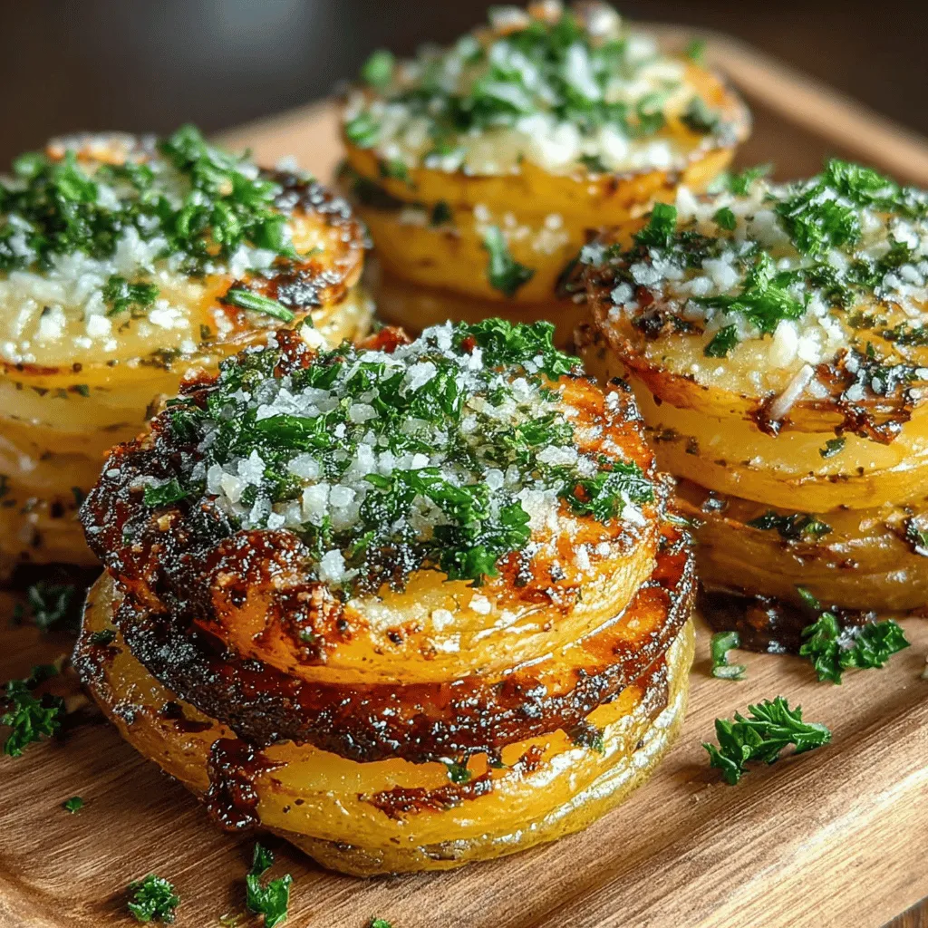 If you're searching for a side dish or appetizer that will impress your guests and elevate your meal, look no further than Roasted Garlic Parmesan Potato Stacks. This dish is not only visually stunning but also packed with flavor. Each stack is a delightful combination of crispy, cheesy goodness, infused with the rich aroma of garlic. The layers of thinly sliced russet potatoes are baked to perfection, resulting in a crunchy exterior with a soft, tender interior that is sure to please any palate.