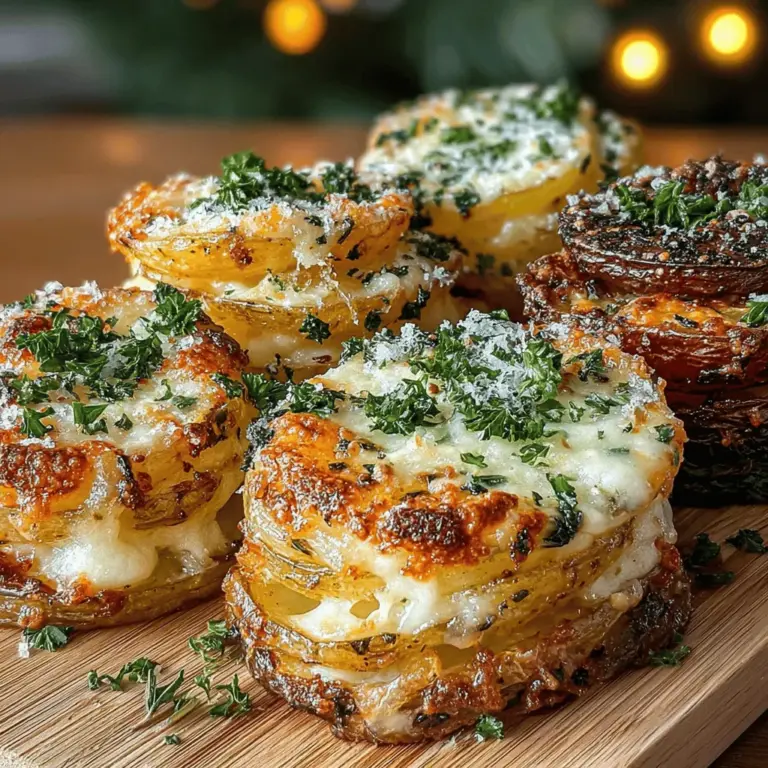 If you're searching for a side dish or appetizer that will impress your guests and elevate your meal, look no further than Roasted Garlic Parmesan Potato Stacks. This dish is not only visually stunning but also packed with flavor. Each stack is a delightful combination of crispy, cheesy goodness, infused with the rich aroma of garlic. The layers of thinly sliced russet potatoes are baked to perfection, resulting in a crunchy exterior with a soft, tender interior that is sure to please any palate.