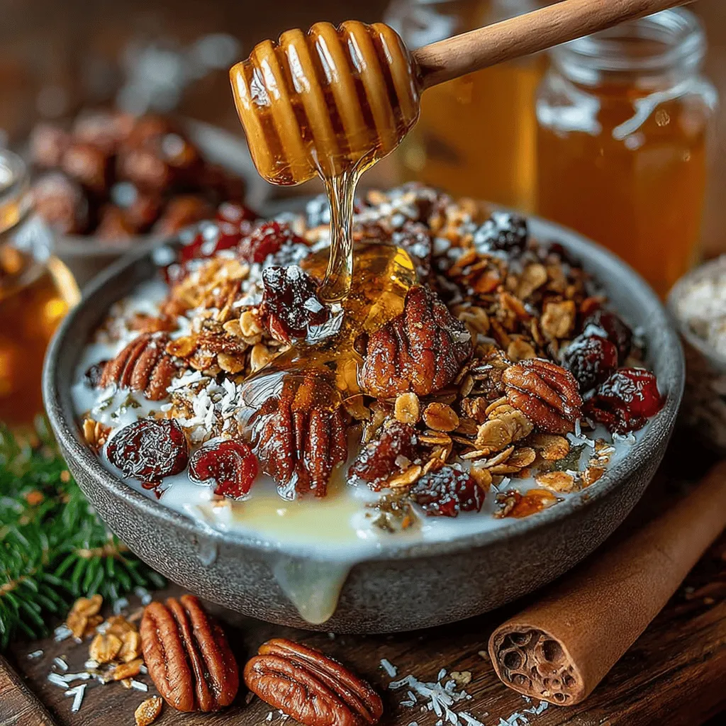 - 3 cups rolled oats - 1 cup pecans, chopped - 1/2 cup sunflower seeds - 1/2 cup unsweetened shredded coconut - 1/2 cup pure maple syrup - 1/4 cup coconut oil, melted - 1 teaspoon vanilla extract - 1 teaspoon ground cinnamon - 1/2 teaspoon salt - 1 cup dried cranberries (optional)