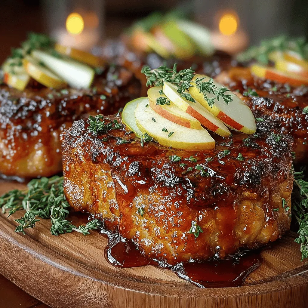 - 4 bone-in pork chops (about 1-inch thick) - 1 cup apple cider - 2 tablespoons apple cider vinegar - 2 tablespoons brown sugar - 2 teaspoons Dijon mustard - 1 teaspoon dried thyme - 3 cloves garlic, minced - 2 tablespoons olive oil - 2 tablespoons butter - Salt and pepper to taste