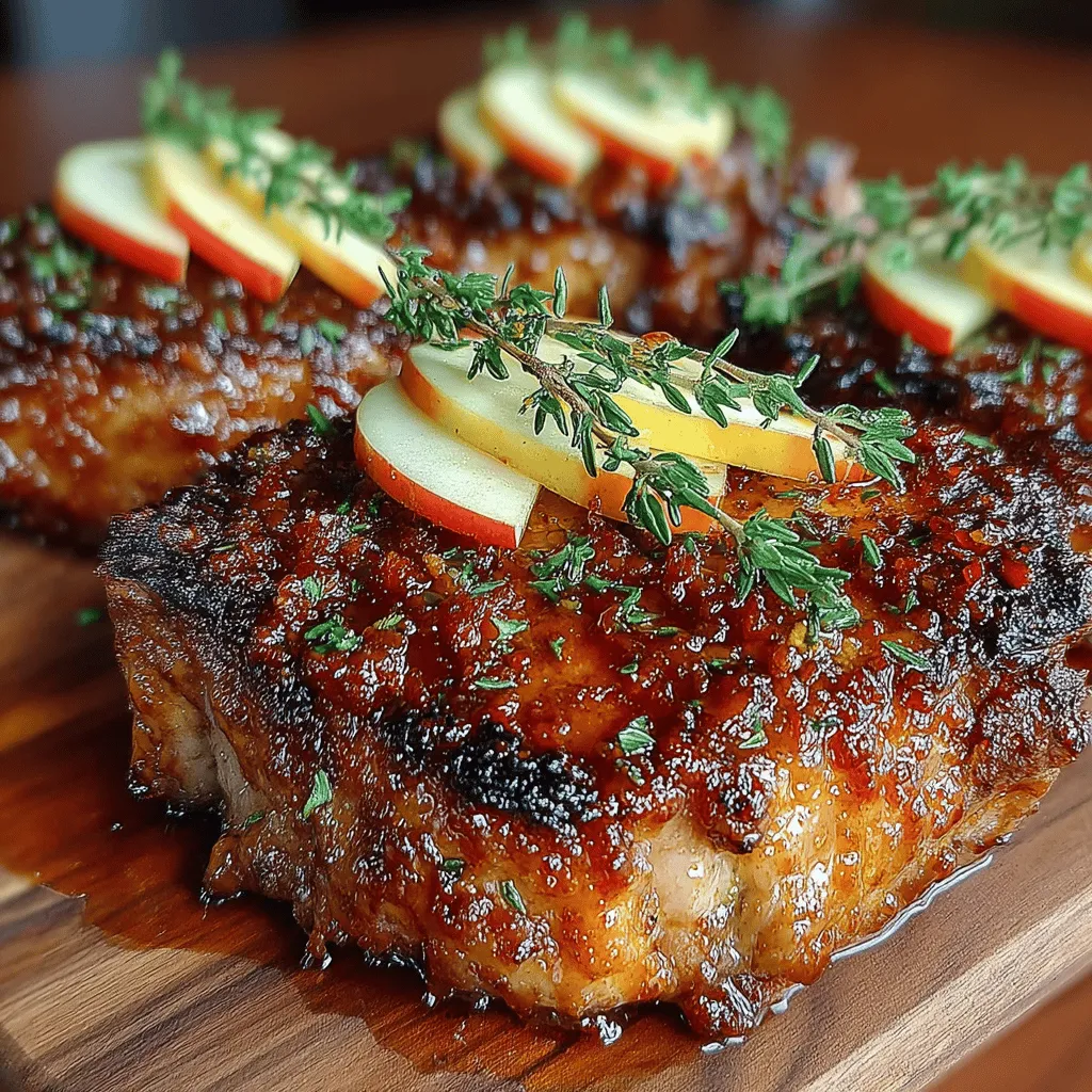 - 4 bone-in pork chops (about 1-inch thick) - 1 cup apple cider - 2 tablespoons apple cider vinegar - 2 tablespoons brown sugar - 2 teaspoons Dijon mustard - 1 teaspoon dried thyme - 3 cloves garlic, minced - 2 tablespoons olive oil - 2 tablespoons butter - Salt and pepper to taste