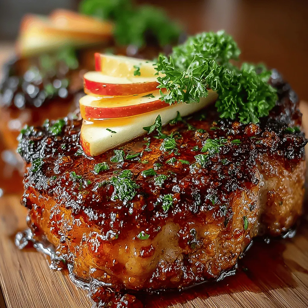 - 4 bone-in pork chops (1-inch thick) - 1 cup apple cider - 2 tablespoons apple cider vinegar - 1/4 cup brown sugar - 2 tablespoons Dijon mustard - 2 cloves garlic, minced - 1 teaspoon fresh thyme leaves (or 1/2 teaspoon dried thyme) - Salt and pepper, to taste - Optional garnishes: Fresh apple slices and chopped parsley