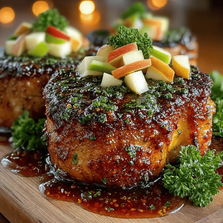 - 4 bone-in pork chops (1-inch thick) - 1 cup apple cider - 2 tablespoons apple cider vinegar - 1/4 cup brown sugar - 2 tablespoons Dijon mustard - 2 cloves garlic, minced - 1 teaspoon fresh thyme leaves (or 1/2 teaspoon dried thyme) - Salt and pepper, to taste - Optional garnishes: Fresh apple slices and chopped parsley