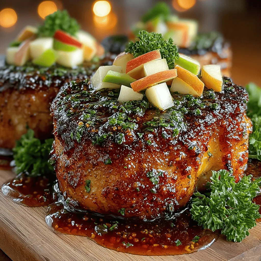 - 4 bone-in pork chops (1-inch thick) - 1 cup apple cider - 2 tablespoons apple cider vinegar - 1/4 cup brown sugar - 2 tablespoons Dijon mustard - 2 cloves garlic, minced - 1 teaspoon fresh thyme leaves (or 1/2 teaspoon dried thyme) - Salt and pepper, to taste - Optional garnishes: Fresh apple slices and chopped parsley