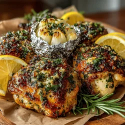 - 4 bone-in, skin-on chicken thighs - 1 head of garlic - 3 tablespoons olive oil - 2 tablespoons fresh rosemary, chopped - 2 tablespoons fresh thyme, chopped - 1 lemon, zested and juiced - Salt and pepper, to taste