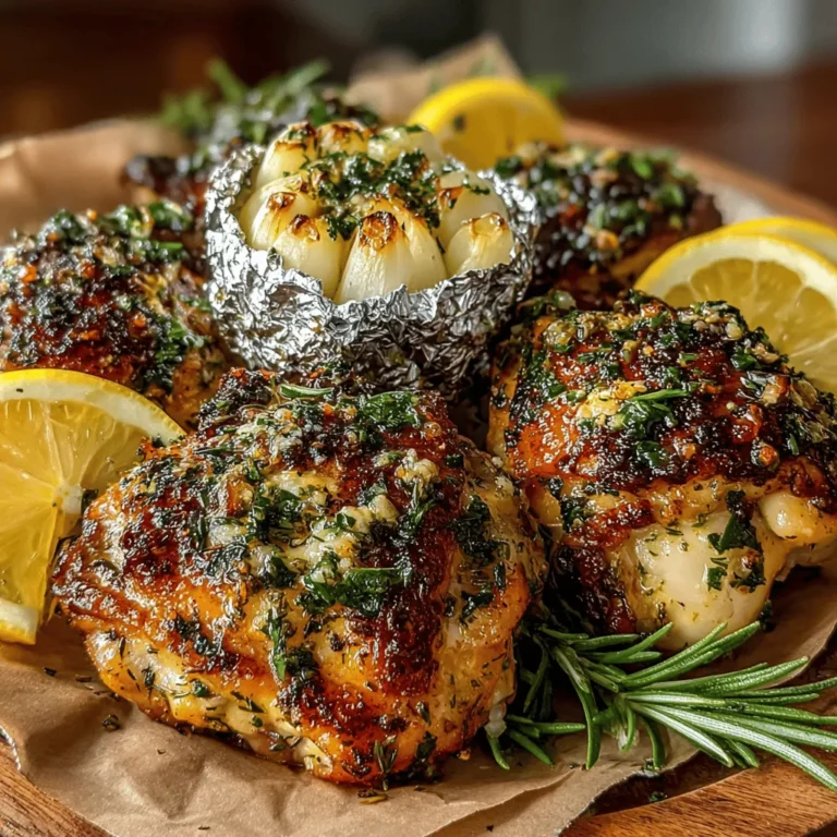 - 4 bone-in, skin-on chicken thighs - 1 head of garlic - 3 tablespoons olive oil - 2 tablespoons fresh rosemary, chopped - 2 tablespoons fresh thyme, chopped - 1 lemon, zested and juiced - Salt and pepper, to taste