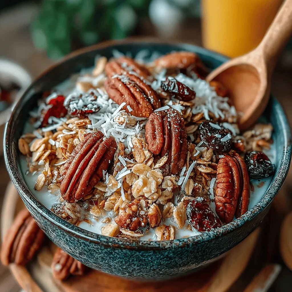 - 3 cups rolled oats - 1 cup pecans, chopped - 1 cup unsweetened shredded coconut - 1/2 cup maple syrup - 1/4 cup coconut oil, melted - 1 teaspoon ground cinnamon - 1/2 teaspoon salt - Optional: 1/2 cup dried cranberries, 1/4 cup sunflower seeds
