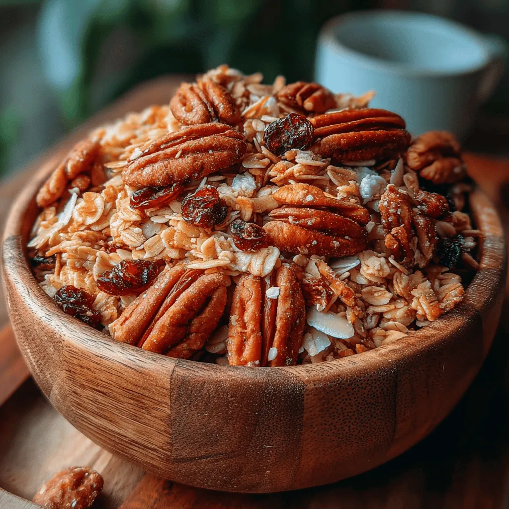 - 3 cups rolled oats - 1 cup pecans, roughly chopped - 1/2 cup unsweetened shredded coconut - 1/2 cup sunflower seeds - 1/2 cup maple syrup - 1/4 cup coconut oil, melted - 1 teaspoon vanilla extract - 1 teaspoon ground cinnamon - 1/2 teaspoon salt - 1/2 cup optional dried fruits (such as cranberries or raisins)