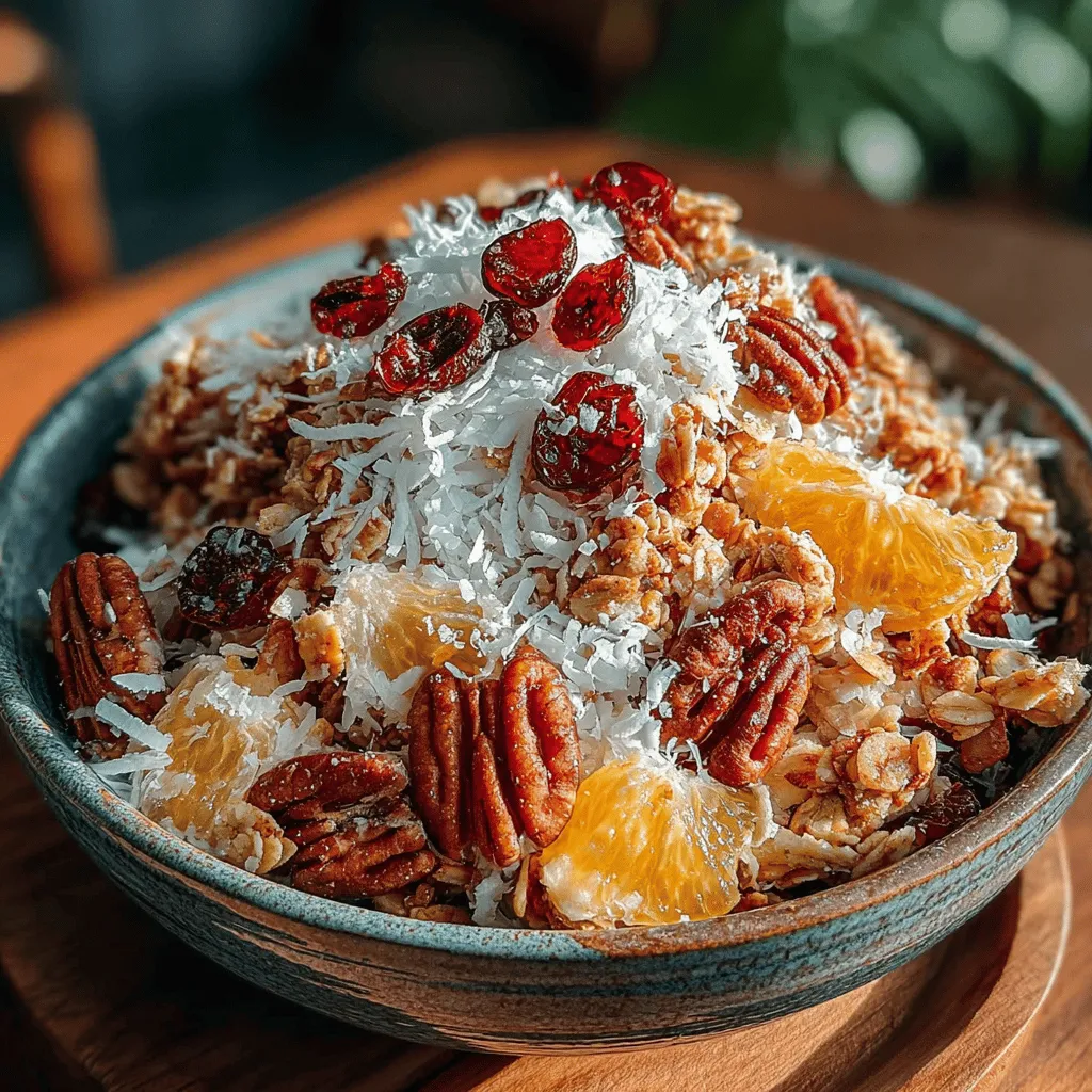 - 3 cups rolled oats - 1 cup pecans, chopped - 1 cup unsweetened coconut flakes - 1/2 cup maple syrup - 1/4 cup coconut oil, melted - 1 teaspoon vanilla extract - 1/2 teaspoon sea salt - 1 teaspoon ground cinnamon - Optional: 1/2 cup dried cranberries, 1/4 cup chia seeds