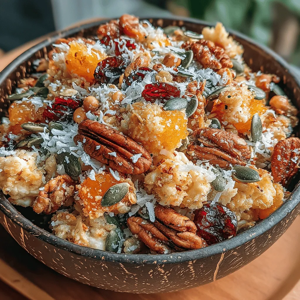 - 3 cups rolled oats - 1 cup pecans, chopped - 1 cup unsweetened coconut flakes - 1/2 cup pumpkin seeds - 1/2 cup sunflower seeds - 1/2 cup maple syrup - 1/4 cup coconut oil, melted - 1 teaspoon vanilla extract - 1 teaspoon ground cinnamon - 1/4 teaspoon salt - 1 cup dried cranberries or raisins (optional)
