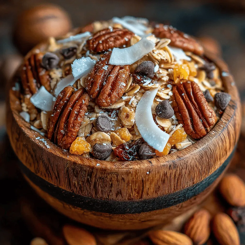 - 3 cups rolled oats - 1 cup pecans, roughly chopped - 1 cup almonds, sliced - 1 cup unsweetened shredded coconut - 1/2 teaspoon sea salt - 1 teaspoon ground cinnamon - 1/2 cup pure maple syrup - 1/4 cup coconut oil, melted - Optional: 1/2 cup dried cranberries, raisins, or chocolate chips
