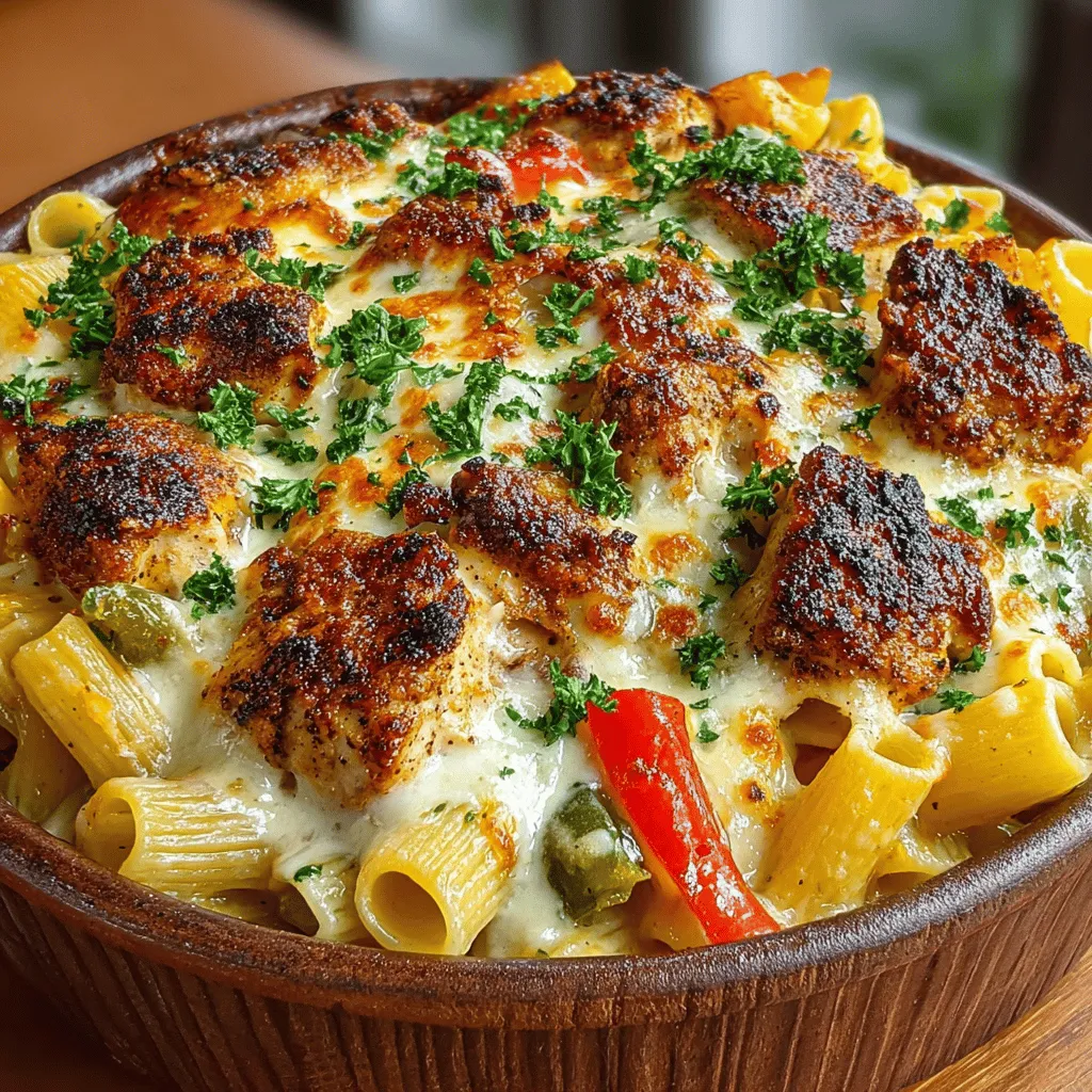 - 12 ounces penne pasta - 2 tablespoons olive oil - 1 pound boneless, skinless chicken breasts, diced - 1 medium onion, chopped - 1 red bell pepper, diced - 1 green bell pepper, diced - 3 cloves garlic, minced - 1 cup heavy cream - 1 cup shredded cheddar cheese - 1 cup shredded mozzarella cheese - 2 tablespoons Cajun seasoning - 1 teaspoon smoked paprika - Salt and pepper to taste - Fresh parsley, chopped (for garnish)